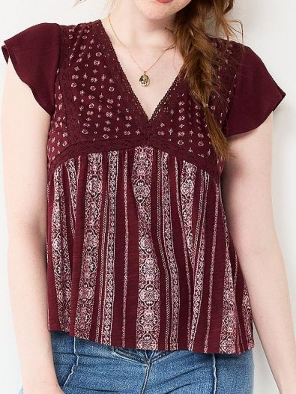 Junior's SO Peplum Flutter Sleeve V-Neck Top - Maroon - X-Small - NWT